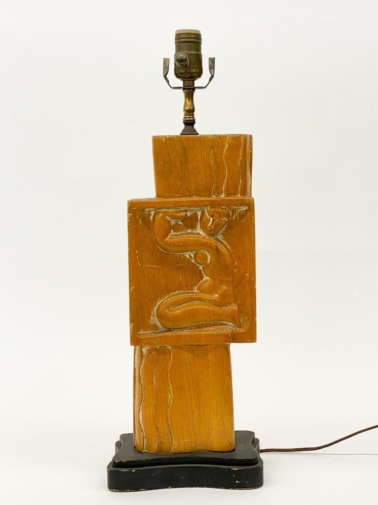 Vintage Carved Wooden Table Lamp: Vintage Carved Wooden Table Lamp. Approx. 21 in. x 7.5 in. x 5 in. Weight 5 lbs. 8 oz.