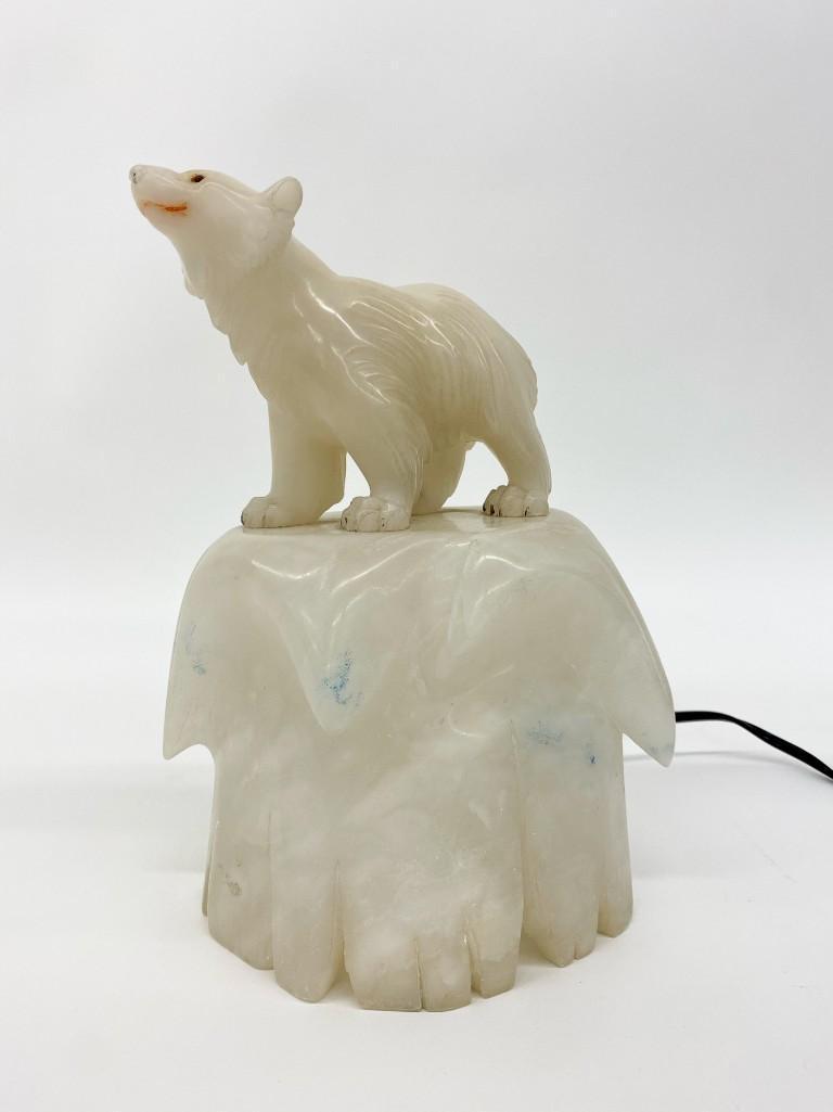 Wonderful Vintage Italian Carved Alabaster Polar Bear: Vintage Carved Alabaster Polar Bear Lamp. His iceberg lights up. Approx. 9.25 in. x 7 in. x 5 in. Weight 4 lbs. 15 oz.