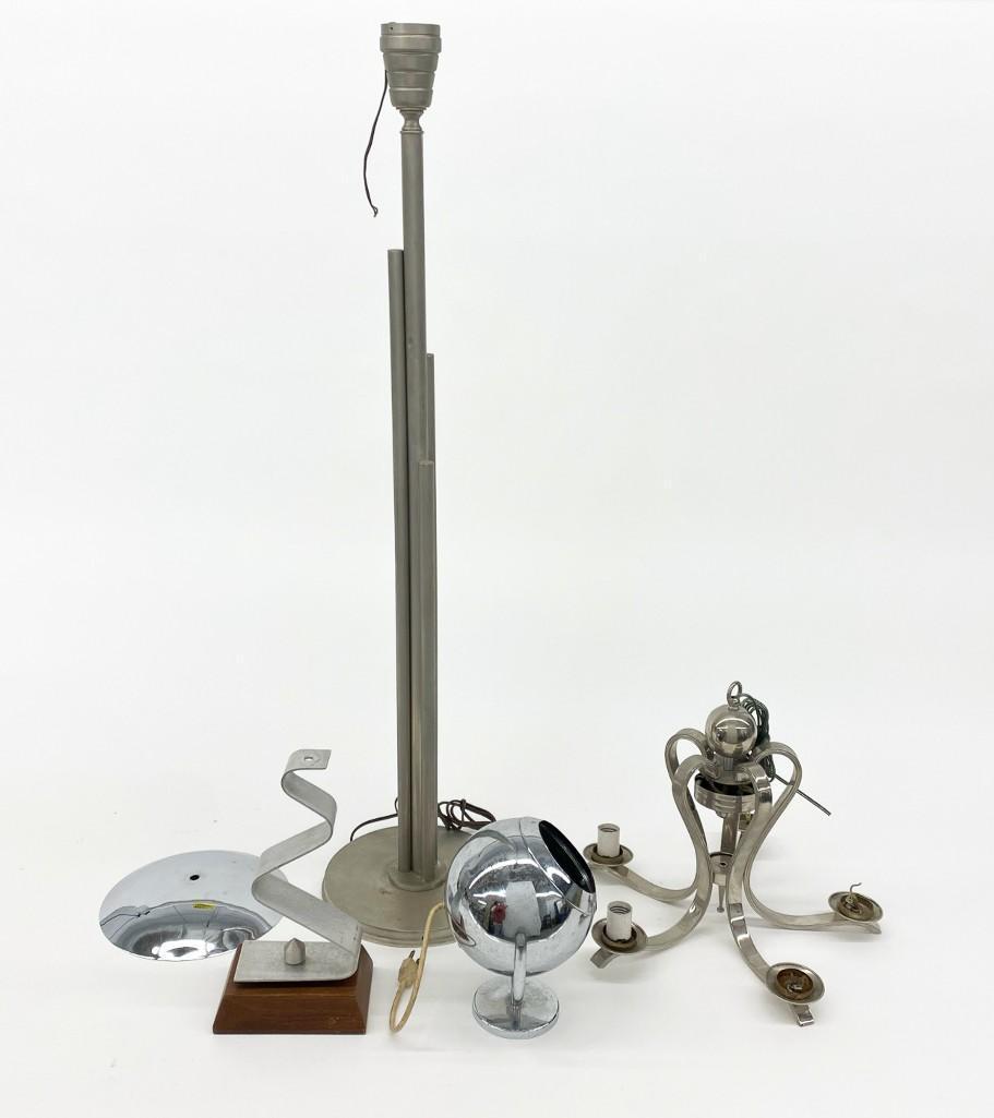 Group of Vintage Lighting Parts & Project: Chrome and Aluminum. Sizes range from 10 inches H to 44 inches H.