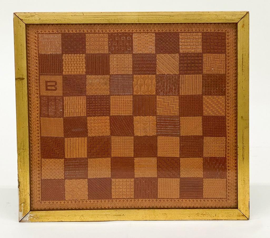 Folk Art Needlepoint Chessboard: Folk Art Needlepoint Chessboard / Checkerboard. Monogrammed with initial B. Brown and Orange with gold colored frame. Each square has different stitching than its neighbor. Here's a solution for quiet