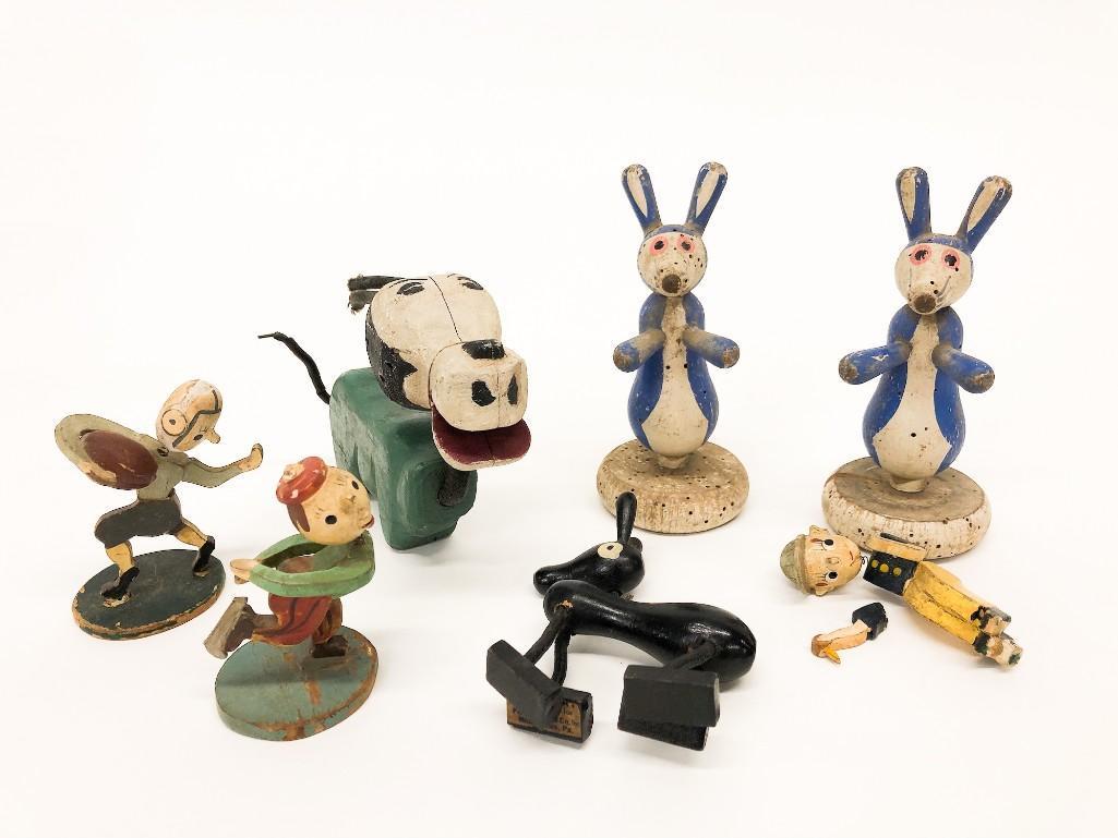 Group of Old Painted Wooden Toy Figures: Group of Old Painted Wooden Toys. These might have been cake toppers. Approx. range 2 in. to 6 in. Weight 8 oz.