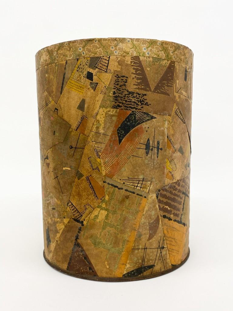 Vintage Decoupage Waste Basket: Cardboard drum with tin bottom. Approx. 15 in. x 12 in. x 10.5 in. Weight 1 lb. 14 oz.