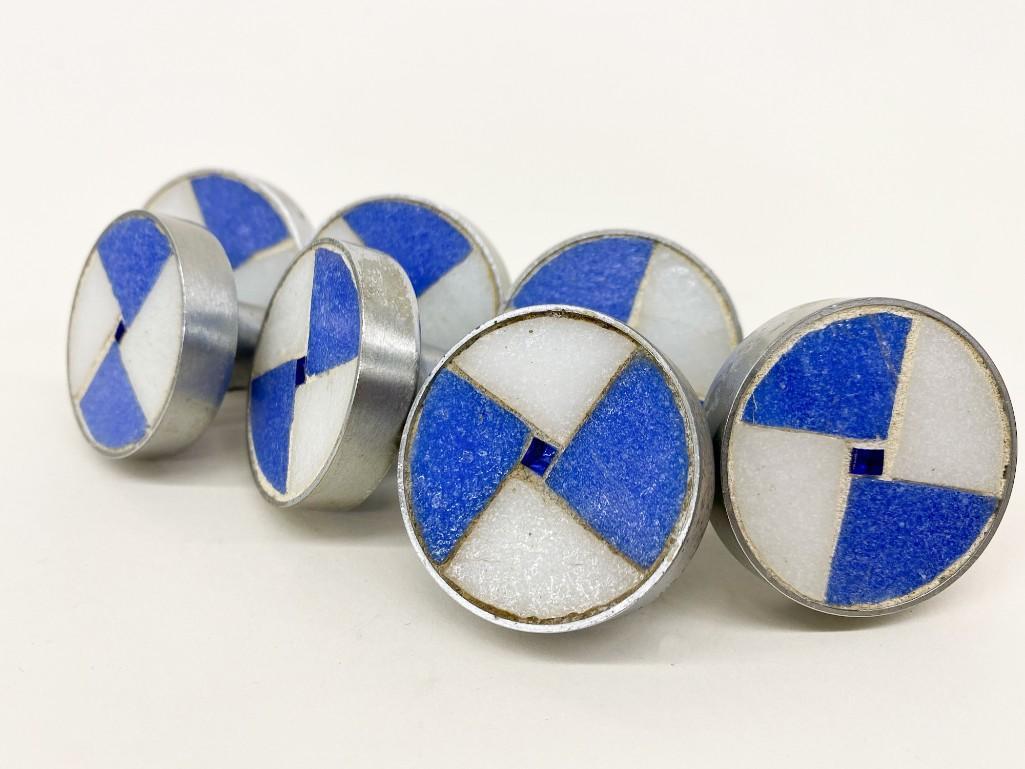 Group of (7) Vintage Glass Tile Cabinet Drawer Pulls: Group of Seven (7) Vintage Glass Tile Cabinet/Drawer Pulls. Blue and White checkered geometric mosiac pattern. Approx. 1.5 in. x 1 in. Weight 11 oz.