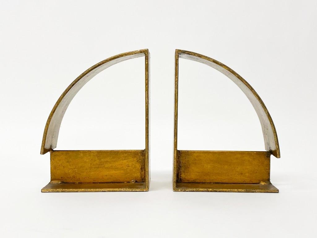 Pair Vintage Gold Painted Steel Bookends: Unmarked. Each approx. 8 x 6 x 3 in. Weight 8 lbs. 4 oz.