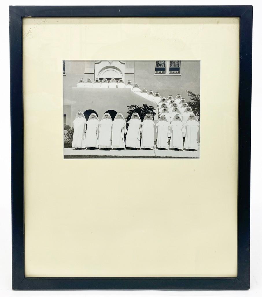 Framed Photo Nuns at Convent: Framed Photo Smiling Nuns at Convent wearing what could be thorny crowns Visible: Approx. 7.25 in. x 9.25 in. Frame: Approx. 21 in. x 16 in. Weight 3 lbs. 9 oz.