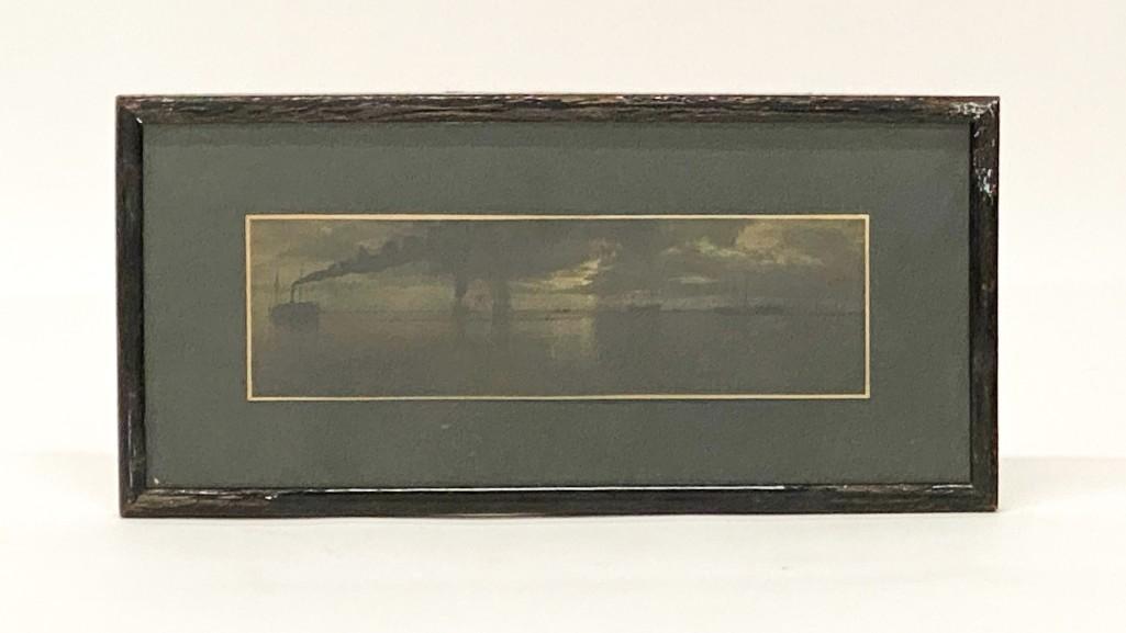 Antique Panoramic Photo of Steam Ships in Harbor: Visible 11 in. x 3.5 in. Frame 16 in. x 8 in. Weight 1 lb. 5 oz.