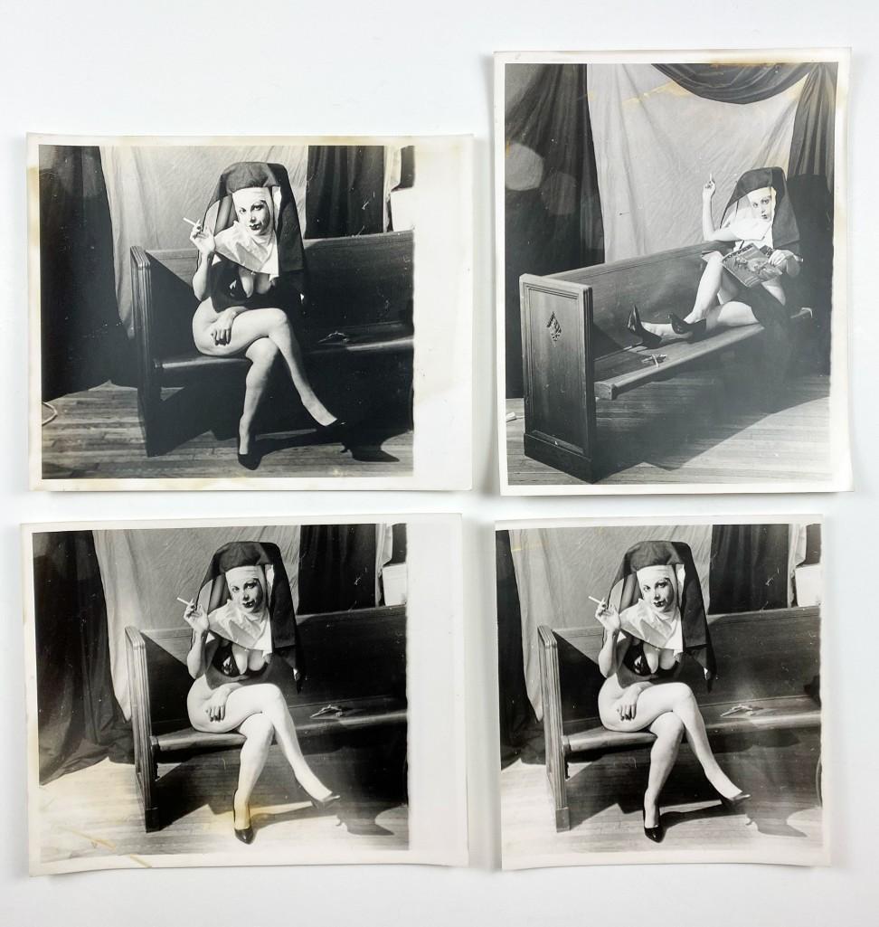 Lot of (4) Risque Nun Costume Pin-up Female Photographs: Prints range from 8 in x 8 in to 4 in x 5 in. Original photo prints on matte photo paper.