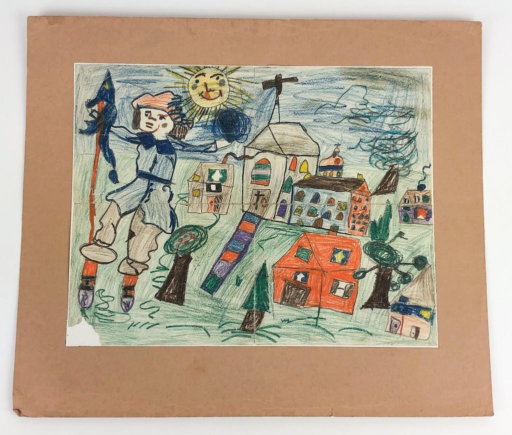Vintage Outsider Art Drawing Church & Medieval Court: Vintage Outsider or Child's Art Drawing Church & Medieval Court. Approx. 8.75 x 11 in.