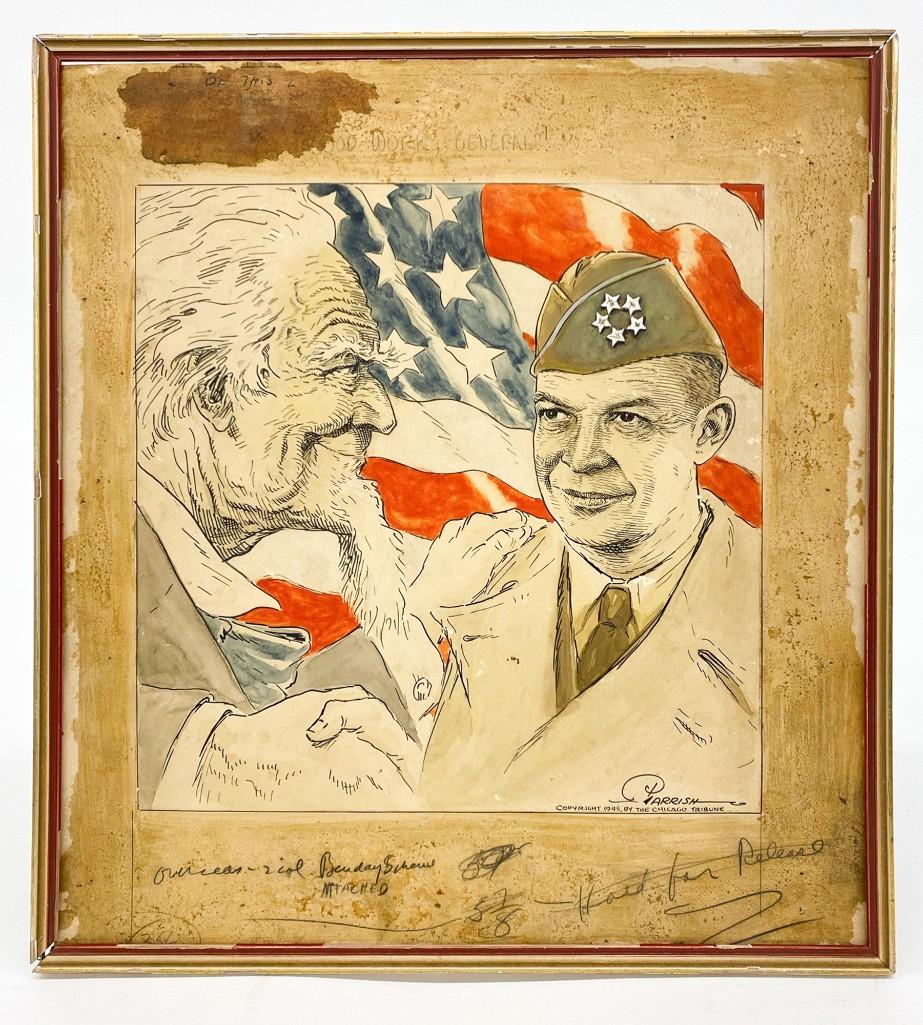 1945 Joseph Parrish Political Cartoon, Ink, Watercolor: Joseph Parrish Ink and Watercolor. 1945 Original Political Illustration for Chicago Tribune Good Work, General!, Depicting Uncle Sam congratulating Dwight "Ike" Eisenhower on WWII Victory. Has editor 