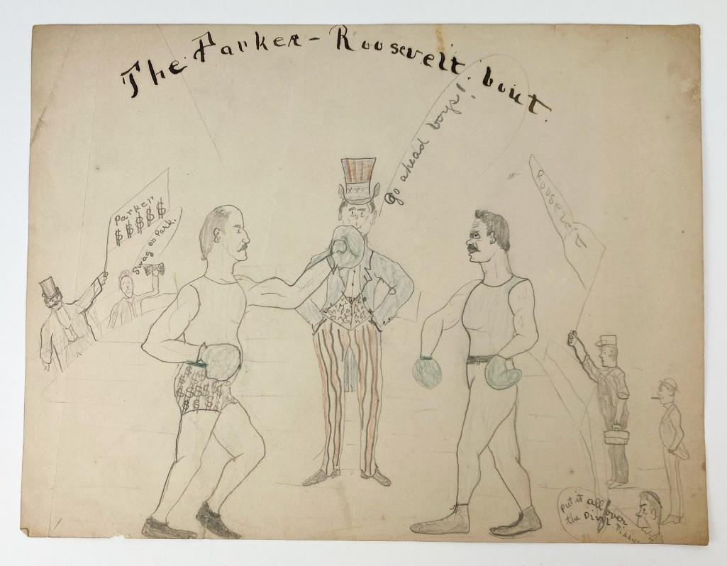 Group of (4) Original Signed Political Cartoons C. 1904: Signed M. Smith Nelson, Circa 1904, Outsider Artist. Subjects includes Parker and Roosevelt Presidential Race, Cowboy and Bear. Each approx. 8 x 10.5 in.