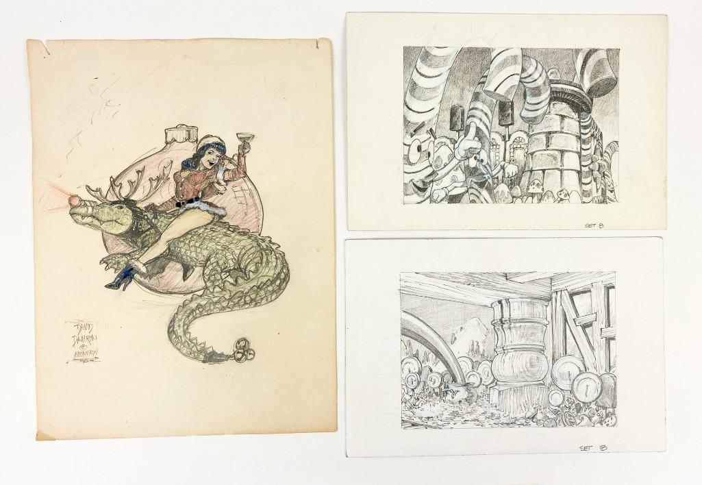 David Damron Lot of (19) Pencil Drawings on Paper: David Damron Original Pencil Drawings on Paper, Theme Park Ride Renderings, Comic Book Illustrations. Group of 19 Pieces. All original pen/ink and pencil drawings. Sizes range from 8 in x 12 in. up to