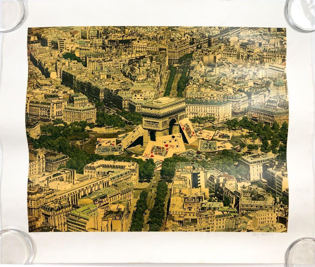 Doug Webb Signed Print 84/250: Approx. 30 in x 36 in. Features playing cards in a scale-bending collage using an aerial photographic view of Paris.