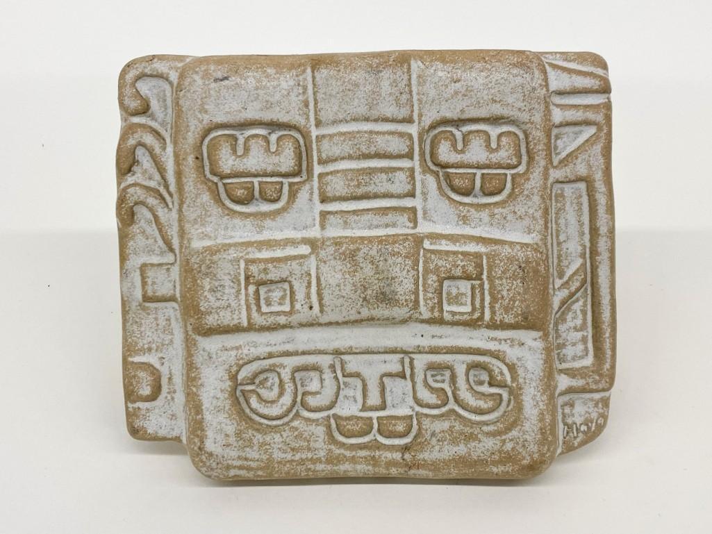 Vintage Mayan / Aztec Style Glazed Ceramic Tile Plaque: Vintage Glazed Ceramic Tile Plaque. Approx. 7 in. x 8 in. x 1.25 in. Weight 2 lbs. 10 oz.