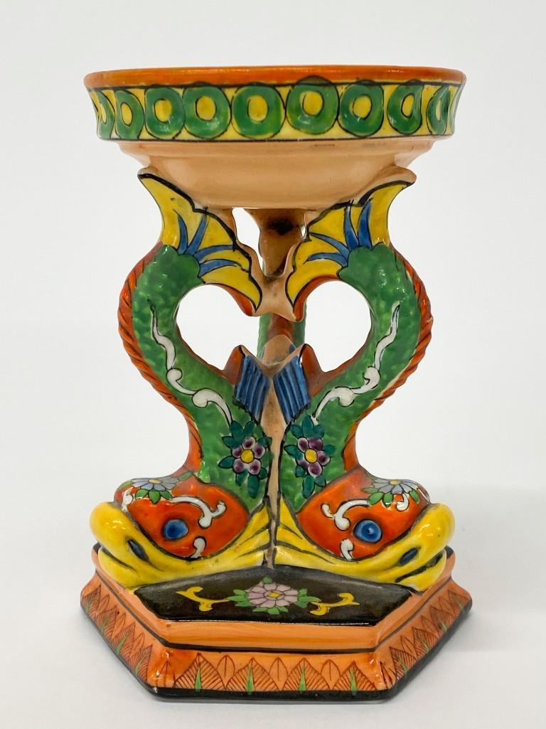 Vintage Hand Painted Porcelain Stand w/ Dolphins Japan: Vintage Hand Painted Porcelain Stand w/ Dolphins. Approx. 6.25 in. x 4.5 in. x 4.5 in. Weight 1 lb.