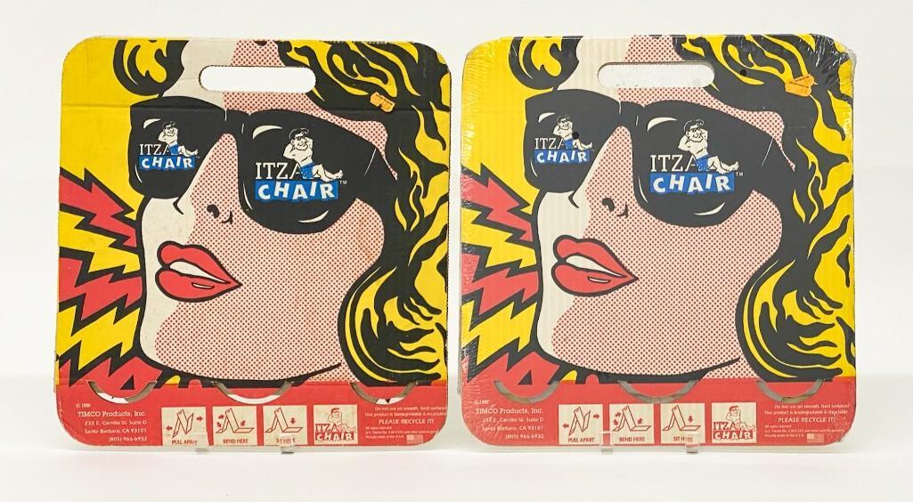 (2) 1990 Timco Pop Art Cardboard Foldable Itza Chairs: Vintage 1990 Timco Products Inc. Itza Chairs. Includes two (2) pieces. One is factory sealed in original shrink wrap and the other is unsealed. Each approx. 16 in. x 15 in. Weight 2 lbs. 12 oz.