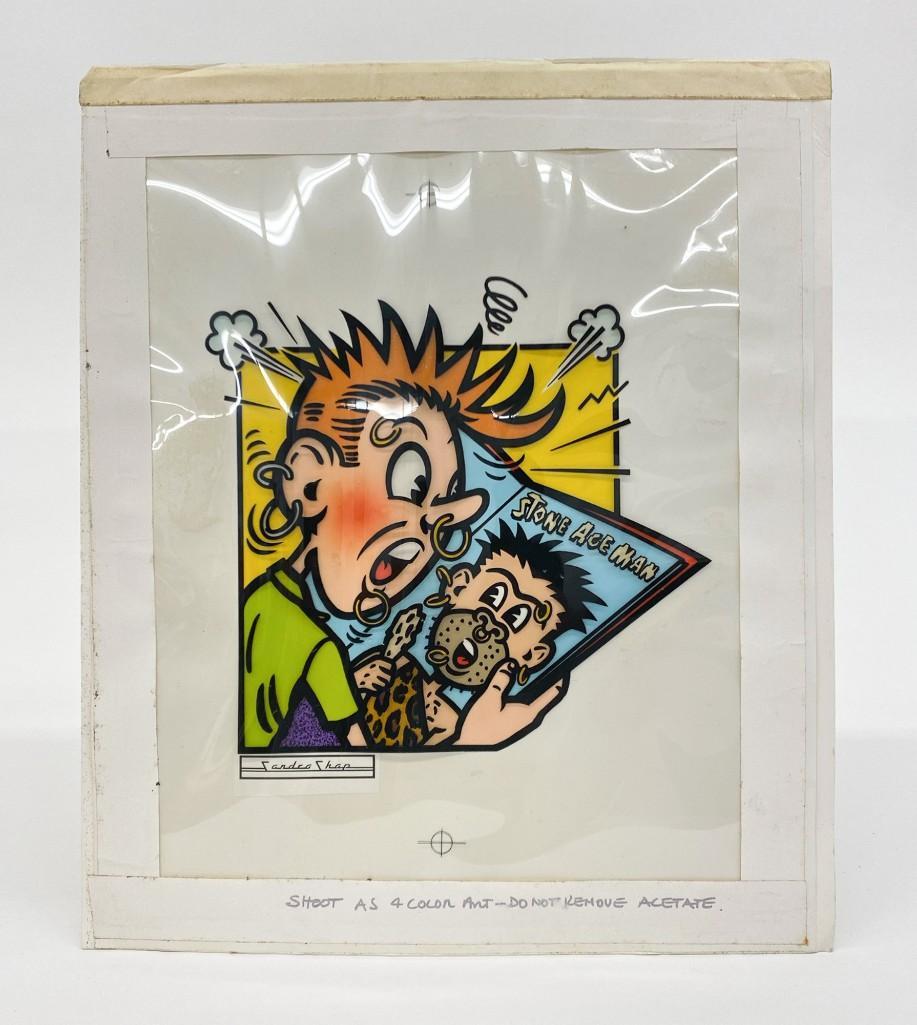 Sandra Shap Painting on Paper and Acetate Stone Age Man: Sandra Shap, Painting on Paper and Acetate. Stone Age Man, Piercing Enthusiast. Comic Book Style. Unframed. Overall: Approx. 14.25 in. x 12 in.