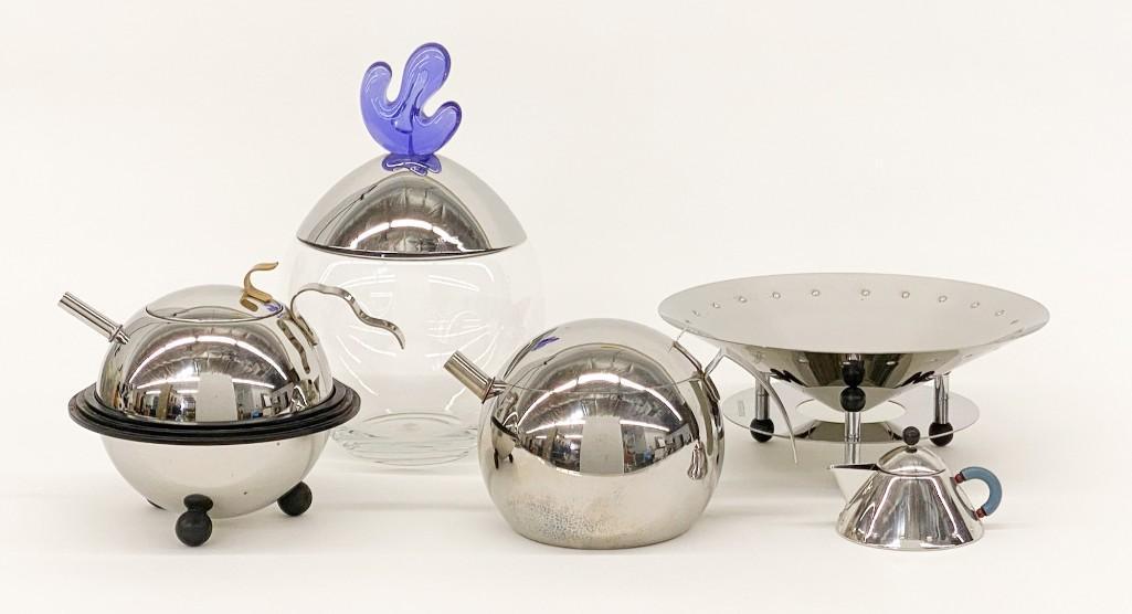(5) Memphis Style Post-Modern Chrome Tableware Alessi: Group of Memphis Style Post-Modern Chrome Tableware. Five (5) pieces, Alessi (Ovo Cookie Jar), Stella, and others Approx. range 3.25 in. to 13 in. Weight 9 lbs. 3 oz.