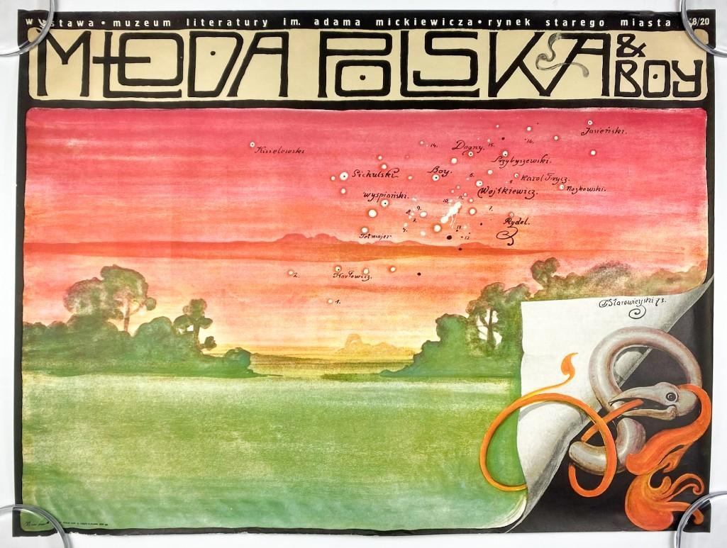 1973 Polish Poster Mloda Polska & Boy, Starowieyski: 1973 Polish Poster Mloda Polska & Boy Starowieyski (Young Poland & Boy)Designer Franciszek Starowieyski (1930-2009) Prominent forefathers of surrealist technique in the School of Polish Poster. Approx