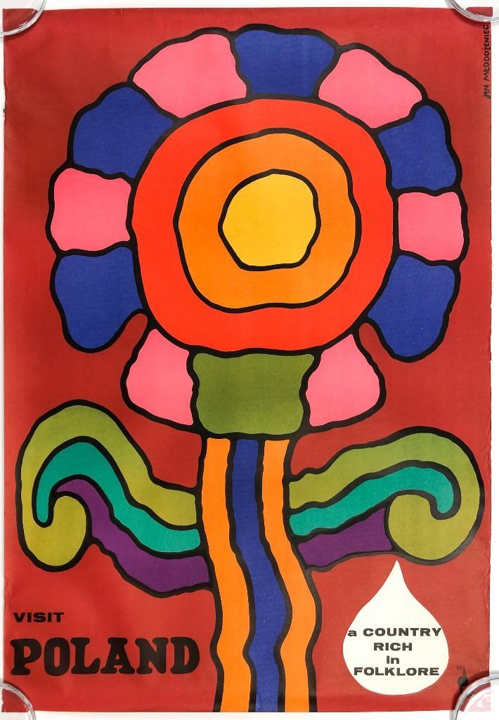 1970s Visit Poland by Jan Mlodozeni Vintage Polish: 1970s Visit Poland, designed by Jan Mlodozeniec. This Jan Mlodozeniec poster was commissioned by the government during the Cold War era from the Polish Poster School. Approx. 38.25 x 26.75 in.