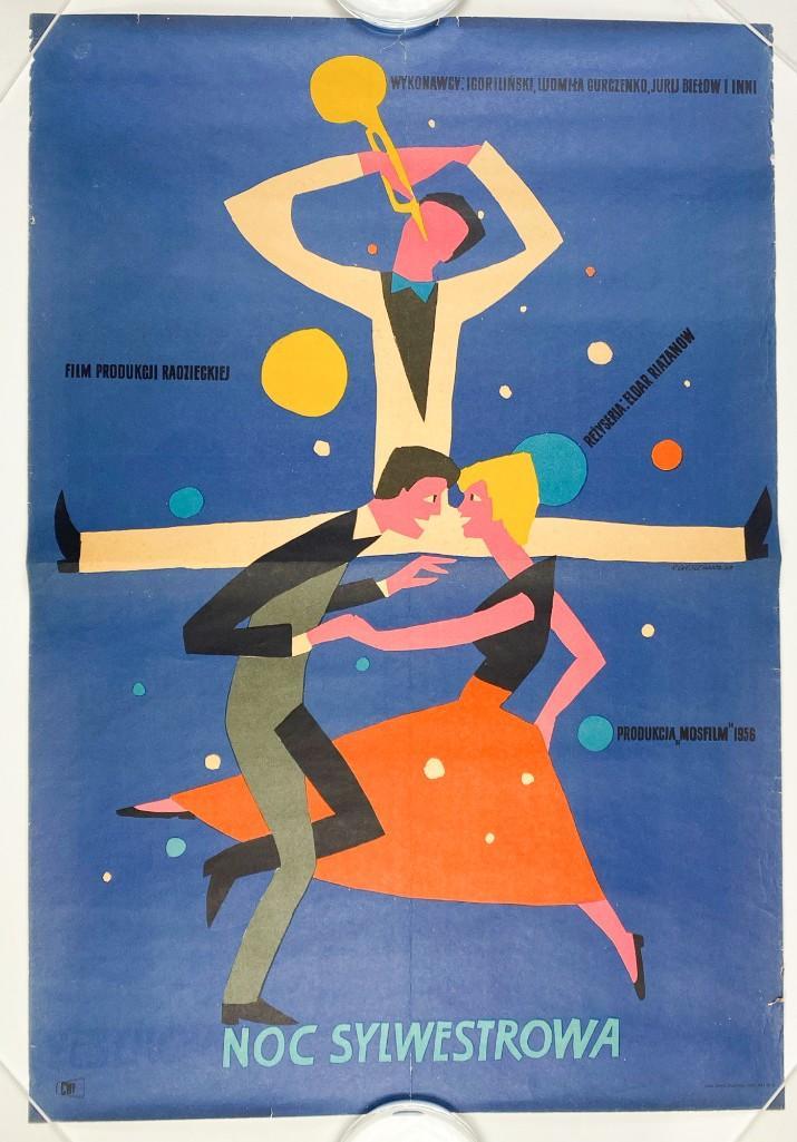 Original 1956 Noc Sylwestrowa Polish Film Movie Poster: Film's original Russian title "Karnawalnaja nocz" / "New Year's Eve", SU (Mosfilm), 1956. Polish poster designed by Roman Cieslewicz. Printed in Poland in 1957. Approx. 33.75 x 23 in.
