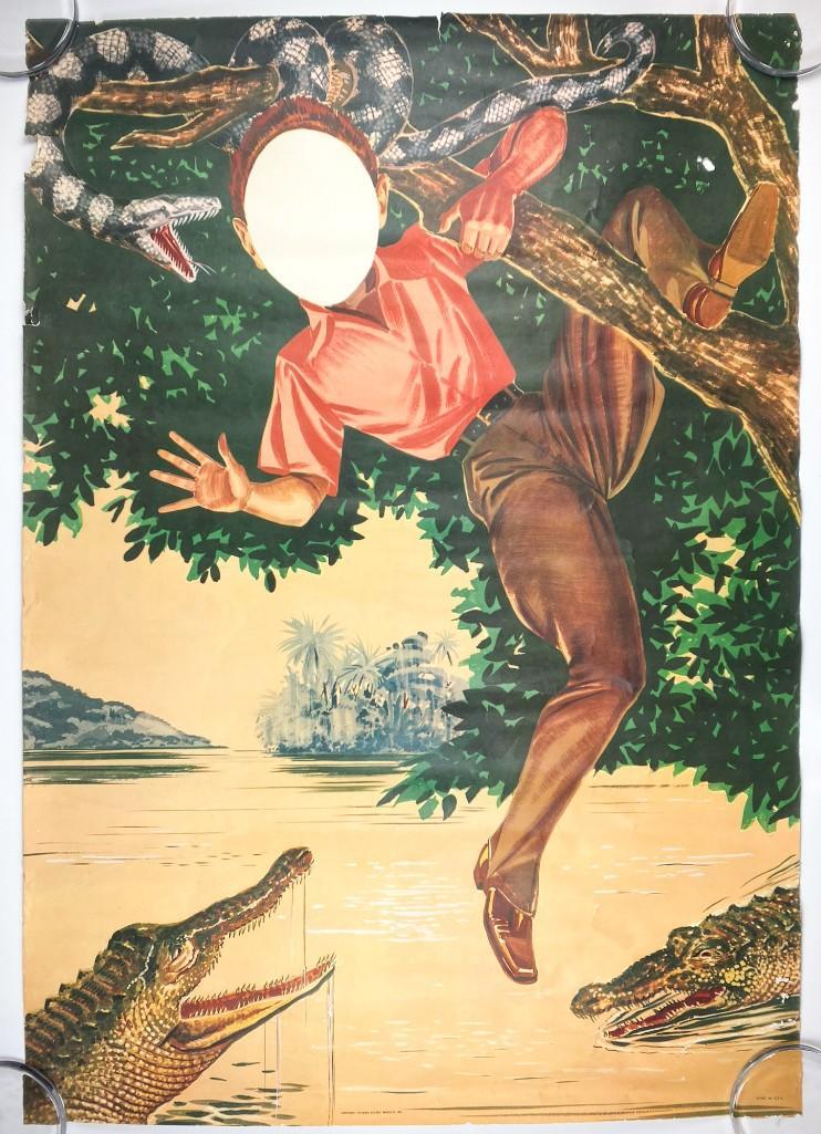 Sylvania Electric Products, Lithographic Poster 2-Sided: Jungle on one side, Western town on the other side. Vintage Lithographic Poster, Double Sided, for Sylvania Electric Products Inc. Photo opportunity, unused cutout. Approx. 44.5 in x 31.5 in.