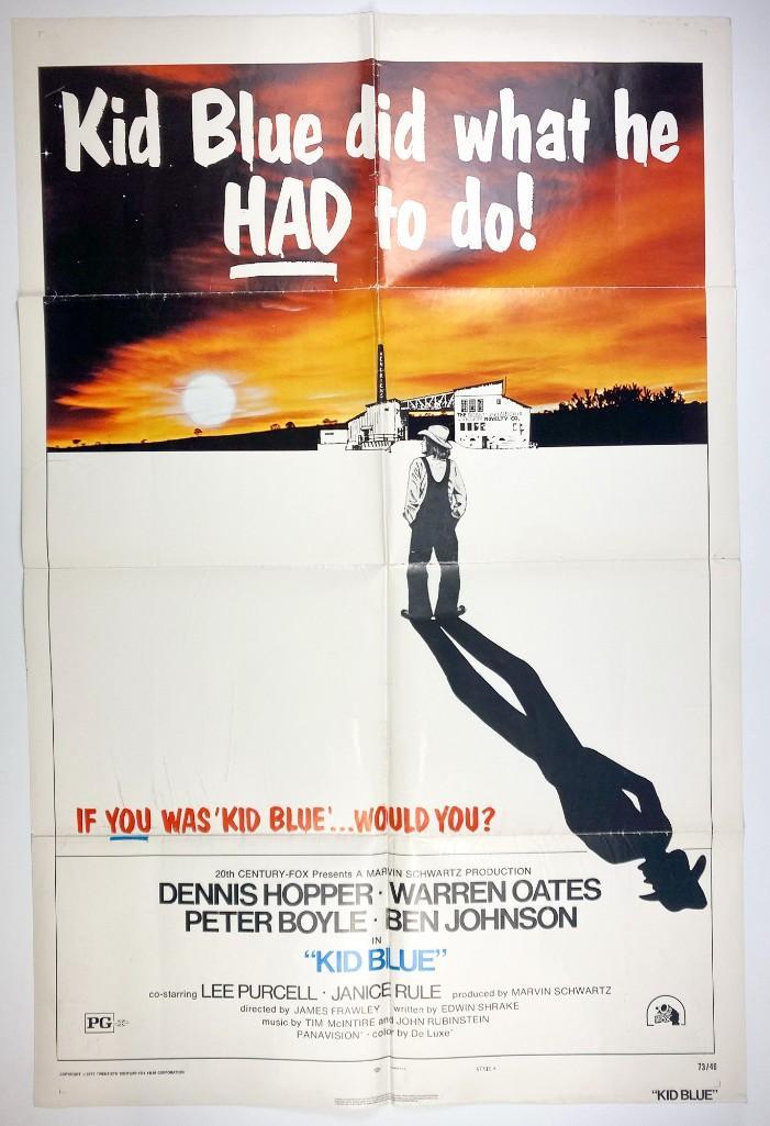 Original 1973 Kid Blue Movie Poster 20th Century Fox: Approx. 41 in x 27 in. Kid Blue is a 1973 Western film directed by James Frawley and starring Dennis Hopper, Warren Oates, Peter Boyle, and Ben Johnson.