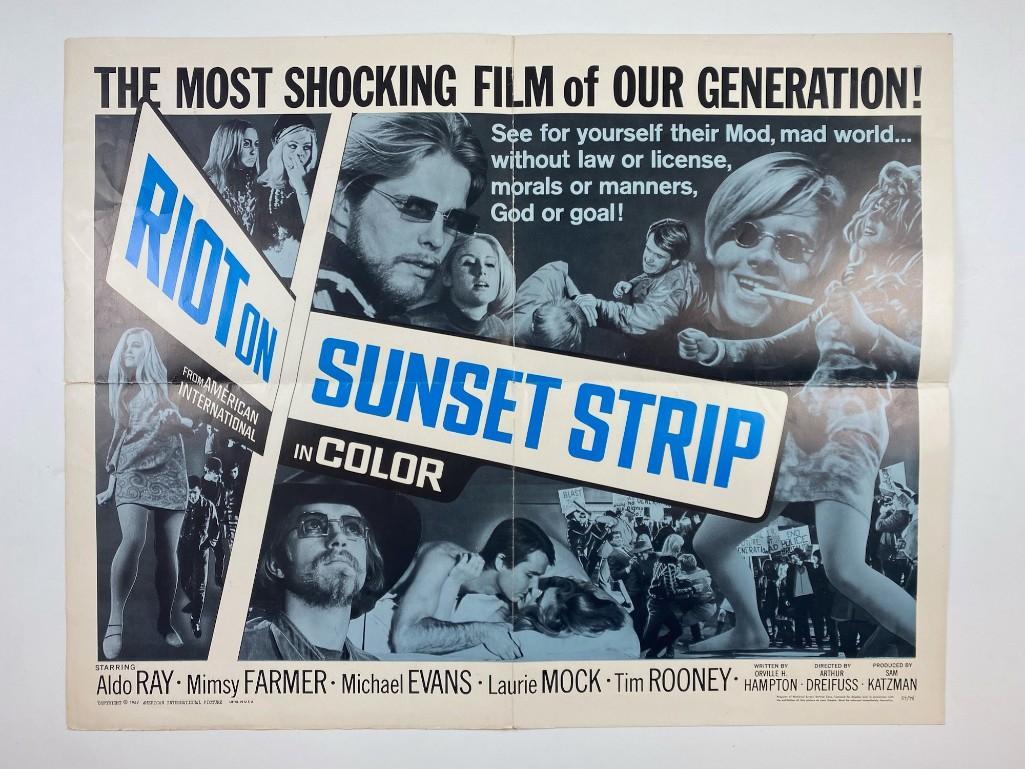 Original 1967 Movie Poster Riot on Sunset Strip: Original 1967 Movie Poster American International Prod. Riot on Sunset Strip. Approx. 22 in x 28 in. Folded poster approx. 14 in x 11 in. Riot on Sunset Strip is a 1967 counterculture-era exploitation