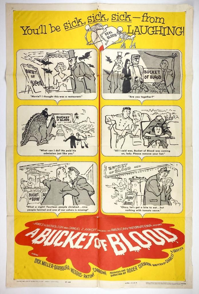 Original 1959 A Bucket of Blood Movie Poster: American International Production. Approx. 41 in x 27 in. Folded 14 x 11 in. A Bucket of Blood is a 1959 American comedy horror film directed by Roger Corman. It starred Dick Miller and was set in bea