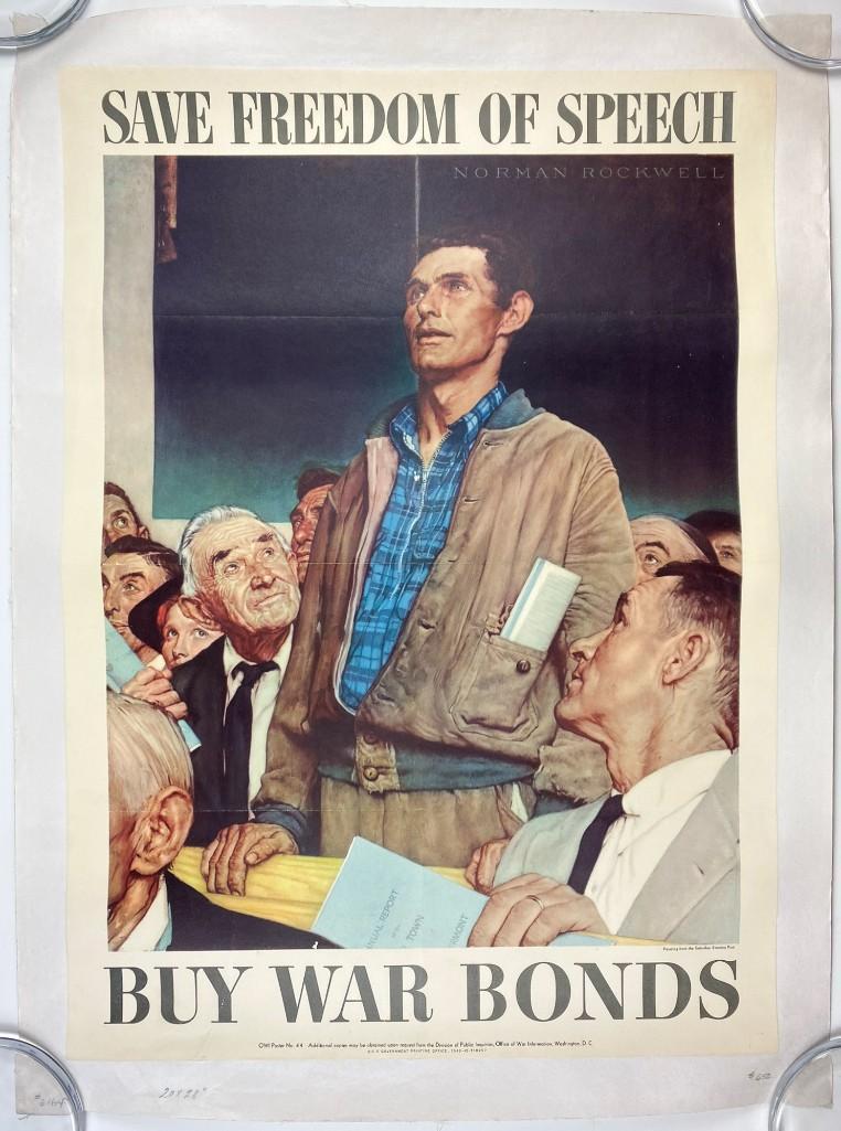 OWI US #44, Normal Rockwell 1943 Buy War Bonds Poster: Original OWI Normal Rockwell US Propaganda #44 Poster, 1943 Buy War Bonds WWII. Canvas linen mounted. Approx. 30.5 in x 23 in.