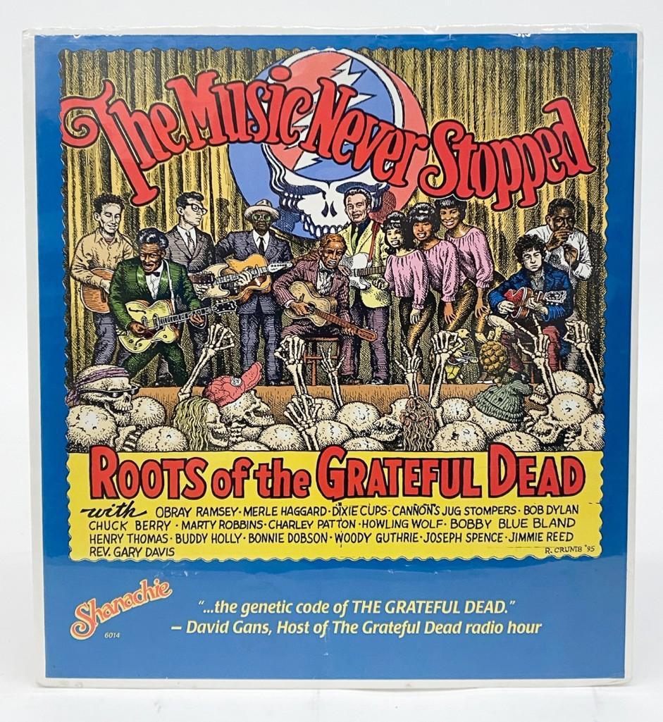 Robert Crumb Roots of the Grateful Dead Poster 1995: Robert Crumb Roots of the Grateful Dead THE MUSIC NEVER STOPPED Record Release Poster, 1995. Shanachie Records. A compilation of music that influenced the Grateful Dead. Portraits of the artists by Ro