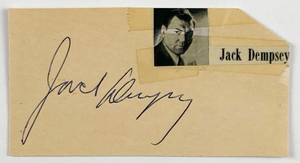Jack Dempsey Autograph: Measures approx. 4 in. x 2 in. William Harrison "Jack" Dempsey (June 24, 1895 - May 31, 1983), nicknamed Kid Blackie, and The Manassa Mauler, was an American professional boxer who competed from 1914