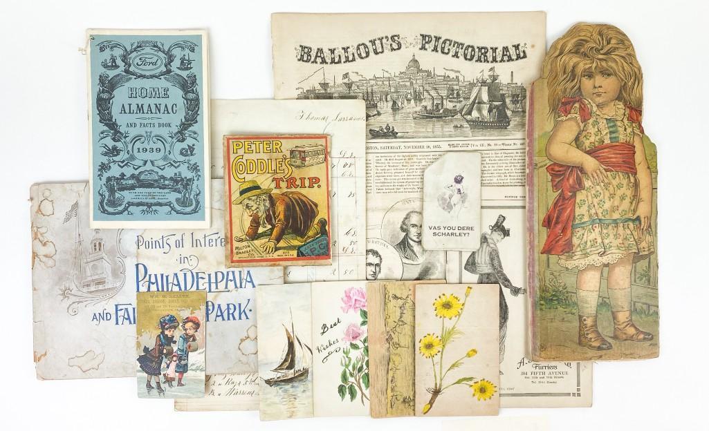 Lot of 1850s to 1930s Ephemera Newspapers Booklets: Lot of Early Ephemera Dating From The 1850s to 1930s - Newspaper, Pictorial, Booklets, Trade Card. Weight 1 lb. 3 oz.