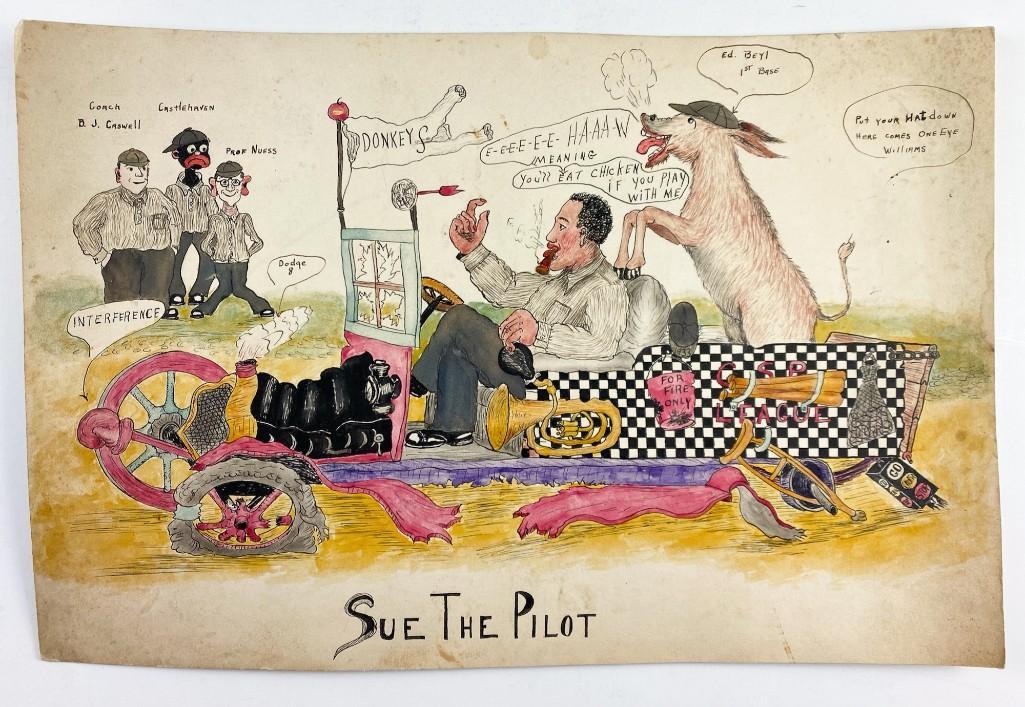 1933 Prison Art Cartoon Drawing From Conn. Baseball: 1933 Prison Art Cartoon Drawing from Connecticut State Prison CSP Baseball League. Original ink drawing on heavy cardstock titled, "Sue The Pilot". Measures approximately 10 in. x 15 in.