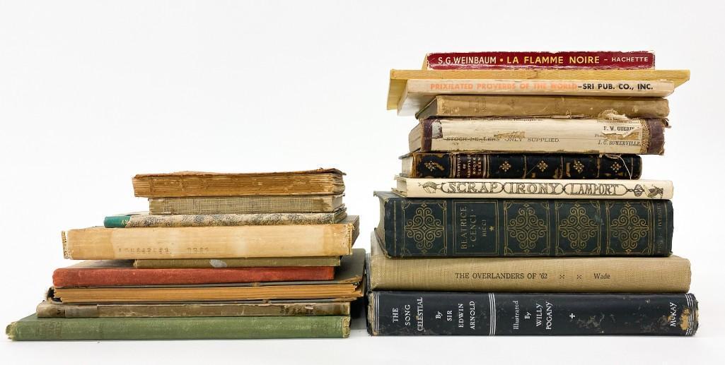 Group of (19) Old Books La Flamme Noire +: S.G. Weinbaum, La Flamme Noire; Wade, The Overlanders of '62; Sir Edwin Arnold, The Song Celestial, Prixilated Proverbs of the World; Isben, The Doll House; Lamport, Scrap Irony; Woman and Her Wits; R