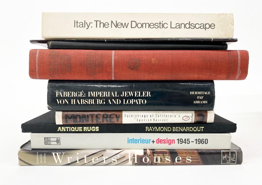 Group of (9) Books Decorative Arts Architecture: Francesca Premoli Droulers, Writer's Houses; 1945-1960 Interior Design in Germany; Raymond Benarbout, Antique Rugs; Monterey: Furnishings of California's Spanish Revival; Faberge Imperial Jeweler; Cor