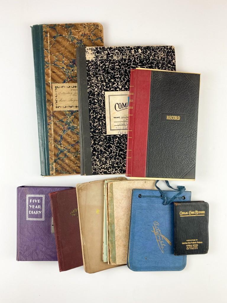 Lot (9) Vintage Diaries, Ledgers, Journals, Notebooks +: Lot of Nine (9) Vintage Diaries, Ledgers, Journals, Notebooks, and Composition Books. Sizes range from approx. 4 in. x 3 in. up to 12 in. x 5.5 in. Weight 2 lbs. 15 oz.