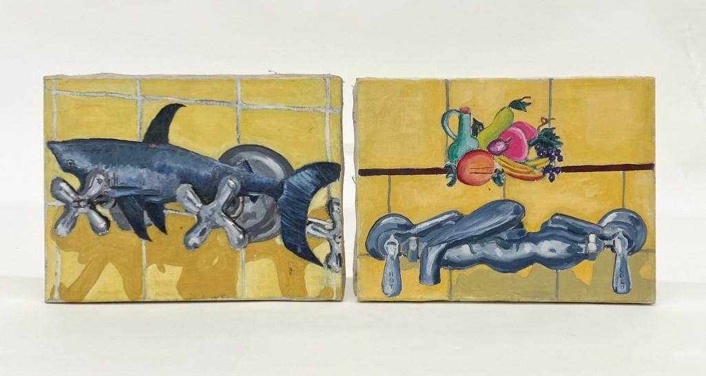 Dharam Damama Singh(1942-2016) (2) Still Life Paintings: Group of Two (2) Still Life Paintings on Canvas. Plumbing bathtub and kitchen sink fixtures with yellow tile in background. Approx. 9 in. x 12 in. Weight 13 oz.