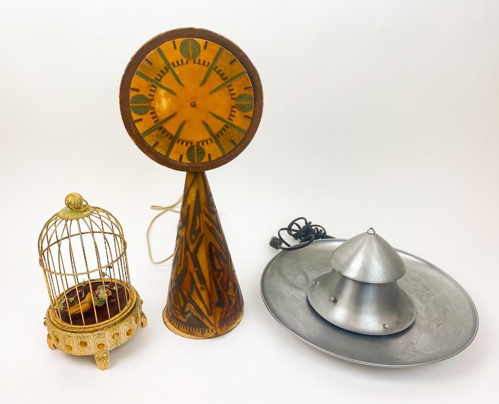 Group Vintage Mechanical Lamp, Clock, Wind Up Bird (1 of 9)