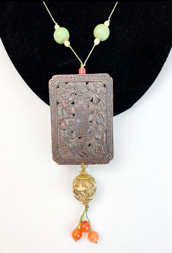 Antique Chinese Necklace w/ Carved Pendant & Bone Bead: Antique Chinese Necklace with Carved Wood Pendant and Bone Bead. Overall good condition. Approx. dimensions 12 in. L x 2 in. W. Weight 1 oz.