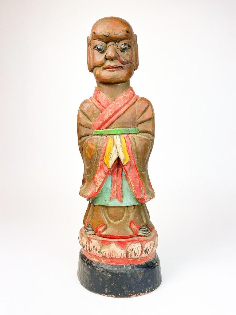 Large Wooden Chinese Temple Prayer Figure: Some surface wear/paint chipping. Approx. dimensions 17 in. H x 6 in. W x 5 in. D. Weight 3 lbs 5 oz.