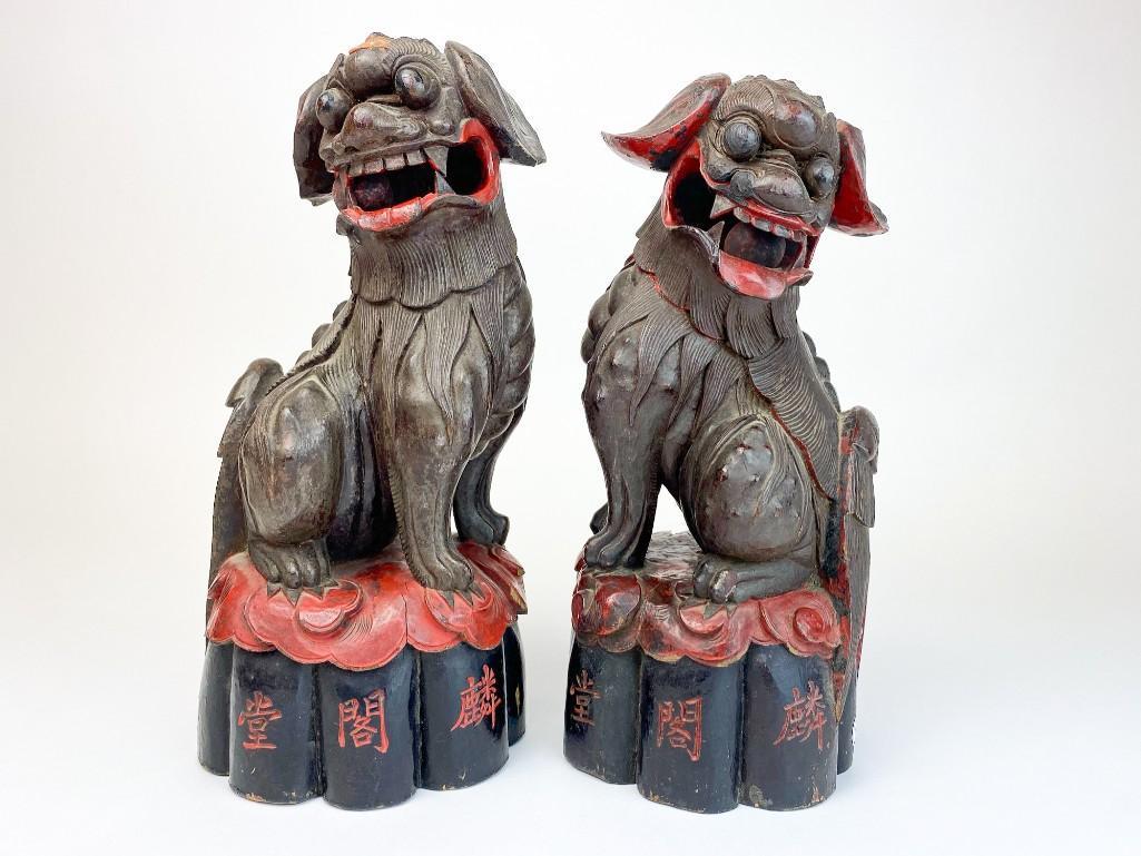 Jian Ding Wax Stamped Pair Carved Wooden Fu Dogs (1 of 11)