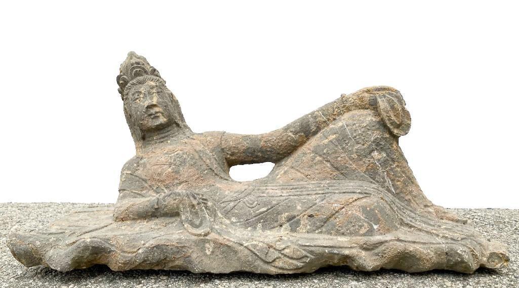 Carved Stone Reclining Guan Yin Figure Garden Statue (1 of 7)