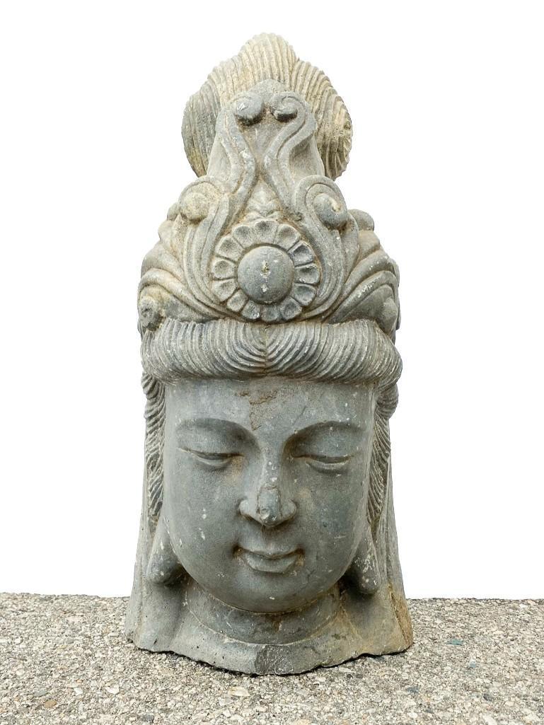 Large Carved Stone Guan Yin Head Garden Statue (1 of 7)