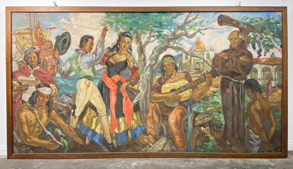 Attrib. Frank Bowers, Painting on Wood Panel: Signed on lower right. Frame approx. 51 in. H x 96 in. W. Visible approx. 47 in. H x 92 in. W. Weight 30 lbs. 10 oz.