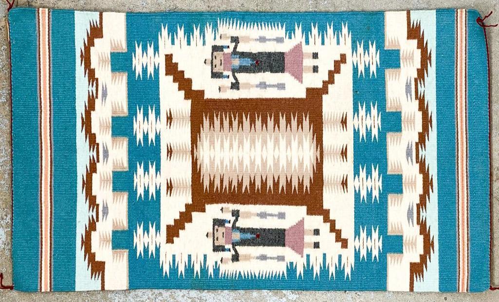 Caroline Dick American Indian Hand Woven Teal Rug: Overall excellent condition. Approx. dimensions 41.5 in. L x 25 in. W. Weight 2 lbs 3 oz.