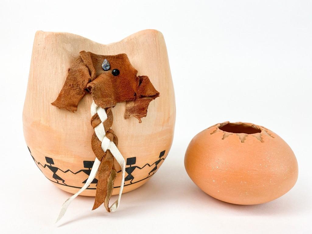 Lot of 2 Angelina Medina (b.1942) Clay Pots w/Leather (1 of 14)