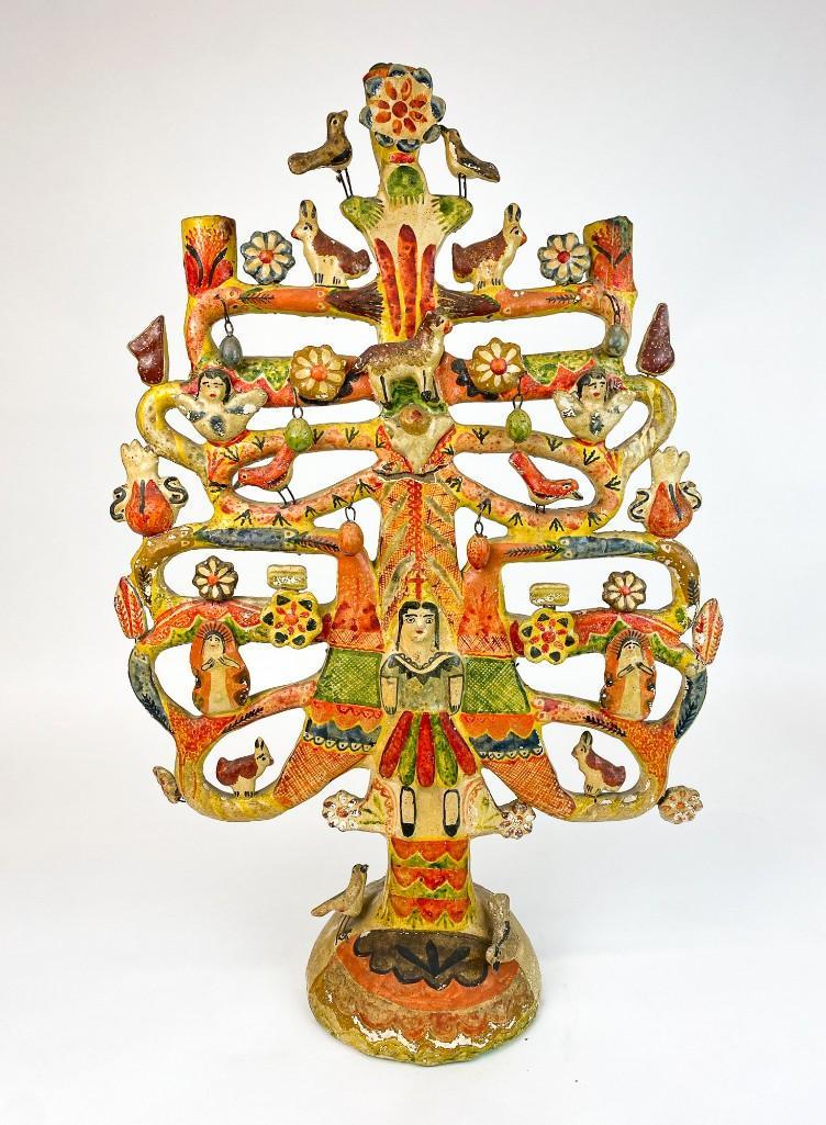 Mexican Folk Art Painted Clay Tree of Life Candelabra (1 of 11)