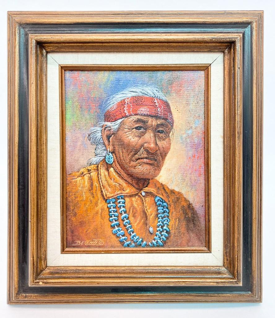 Robert Becenti (1949-2001) Oil on Canvas: "Native American Man with Blue Necklace". Overall great condition. Frame approx. 16 in. L x 14.5 in. W. Visible approx. 9.5 in. L x 7.5 in. W. Weight 2 lbs. 7 oz.