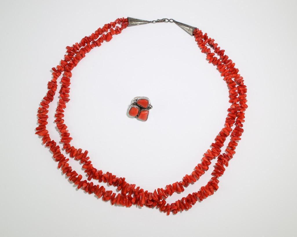 Vintage Silver and Red Coral Necklace and Ring (1 of 5)