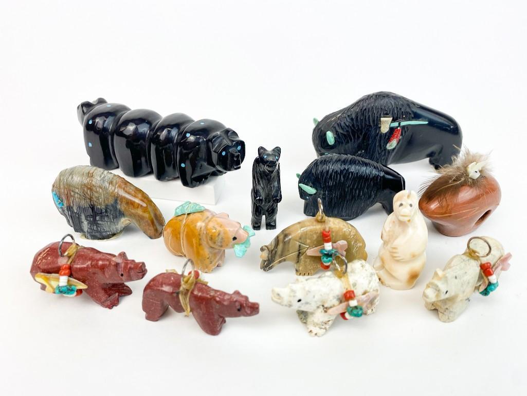 Lot of 13 Zuni Carved Stone Bear Buffalo Fetishes (1 of 15)